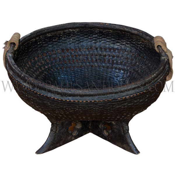 Black Lacquered Laotian Handwoven Hanging Bamboo Basket on Wooden X-base Stand