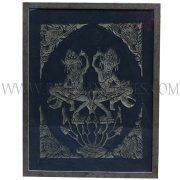Framed Gold on Black Cambodian Angkor Temple Relief Rubbing of Pair of Dancing Yakshinis on Lotus Pond