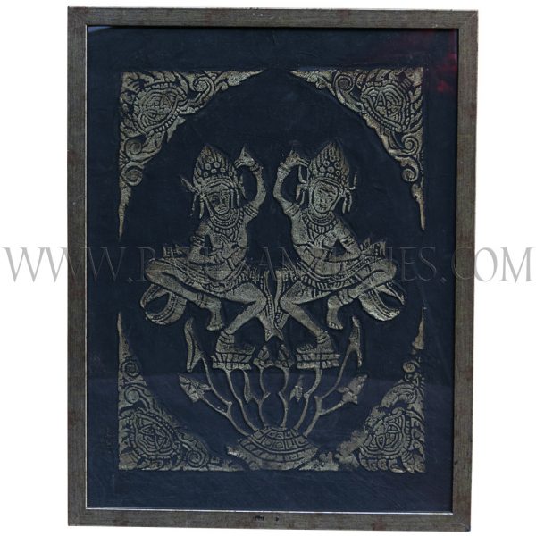 Framed Gold on Black Cambodian Angkor Temple Relief Rubbing of Pair of Dancing Yakshinis on Lotus Pond