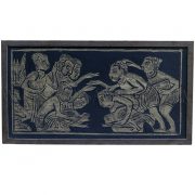 Framed Gold on Black Cambodian Angkor Temple Relief Rubbing of Village Cock Fight Scene