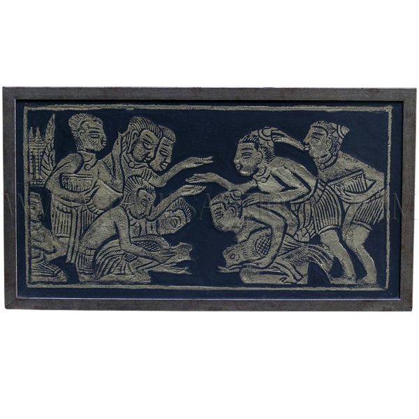 Framed Gold on Black Cambodian Angkor Temple Relief Rubbing of Village Cock Fight Scene