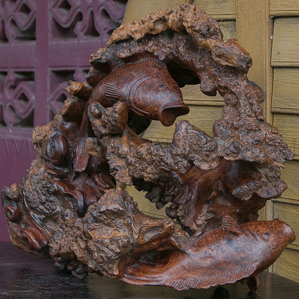Artisan-carved Burl Wood Fish Sculpture from Burma