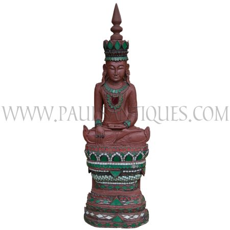 Burmese Shan Buddha Sitting in Bhumisparsha (Earth as Witness Pose) atop a Lotus Throne in Royal Costume