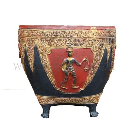 Burmese Moulded Relief ("Thayo") Red, Black and Gold Lacquered Footed Ceremonial Rice Bowl with Four Musicians, c. 1970