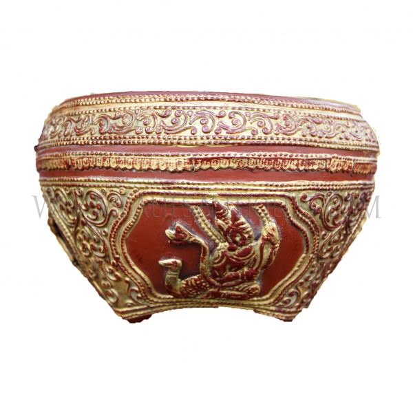 Burmese Kengtung-style Moulded Relief (Thayo) Gold on Red Lacquered Ceremonial "Pyi Daung" (Rice Measure) with Angel Motif, c. 1970