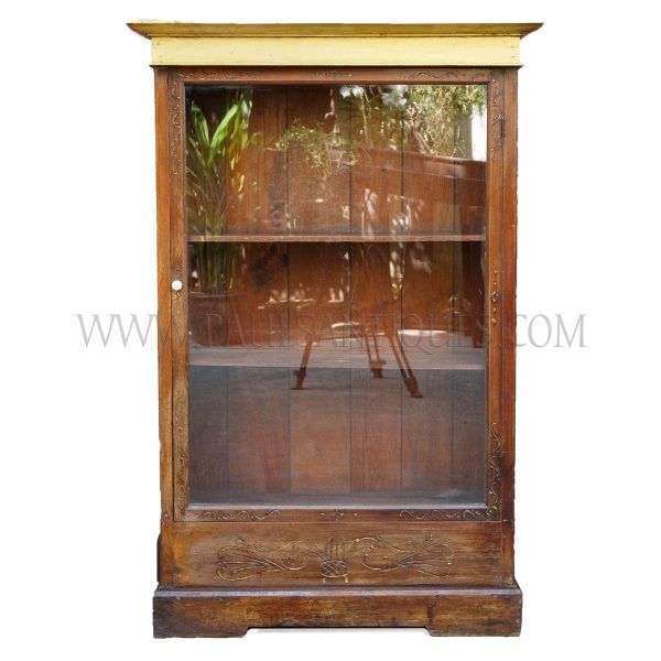 Unusual Thai Teak Bookcase with Small Side Drawers and Golden Painted Top, c. 1980