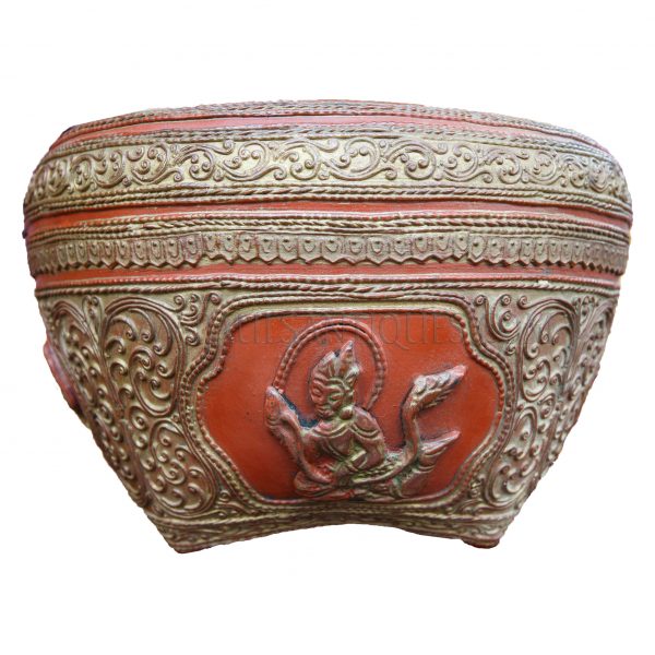 Burmese Kengtung-style Moulded Relief (Thayo) Gold on Red Lacquered Ceremonial “Pyi Daung” (Rice Measure) with Angel Motif, c. 1970