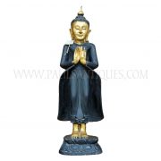 Burmese Carved Black and Gold Wooden Buddha Statue Standing on Lotus Flower Base with Hands in Teaching Mudra, c. 1940