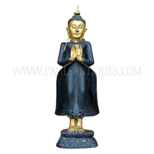 Burmese Carved Black and Gold Wooden Buddha Statue Standing on Lotus Flower Base with Hands in Teaching Mudra, c. 1940