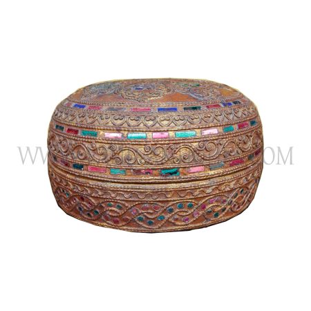 Burmese (Bagan) Lidded Red and Gold Lacquered Bowl with Raised Thayo and Colored Glass Inlay, c. 1980