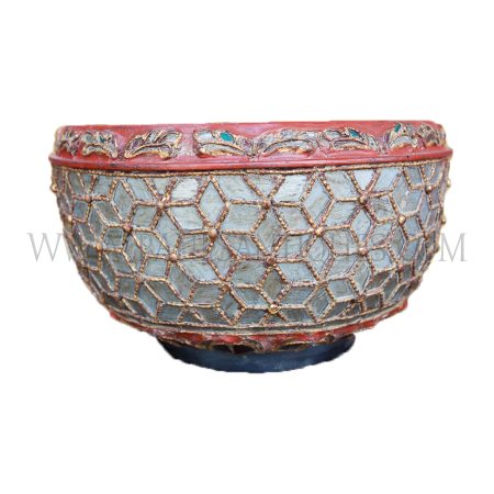 Burmese Mandalay Lacquered Coiled Bamboo Bowl with Mosaic Cut Glass, c. 1970
