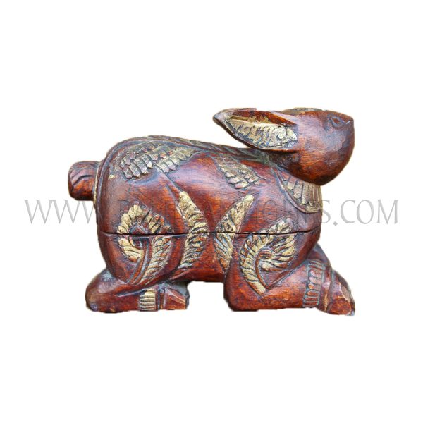 Cambodian Carved Red and Gold Wooden Rabbit Betel Box, c. early 1990s