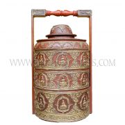 Burmese Mandalay Teak and Coiled Bamboo Thayo Lacquered Tiffin/Pinto Tiered Food Carrier with Sitting Buddha Motif, c. 1970