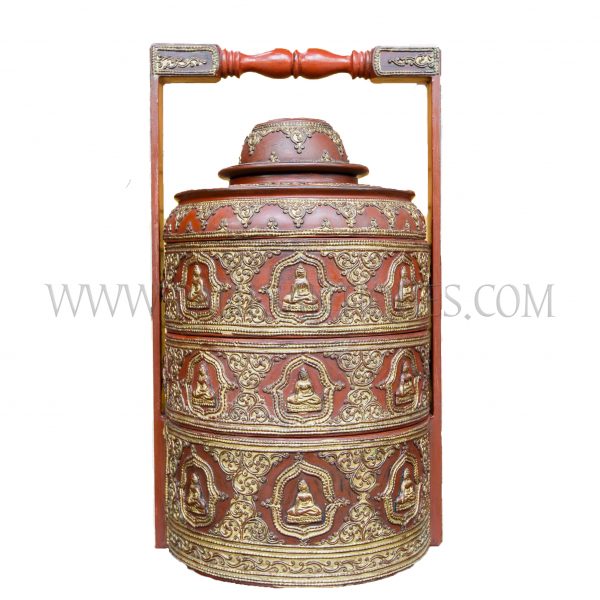 Burmese Mandalay Teak and Coiled Bamboo Thayo Lacquered Tiffin/Pinto Tiered Food Carrier with Sitting Buddha Motif, c. 1970
