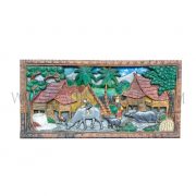 Balinese Indonesian Painted Woodcarving of Village Scene with Rice Fields, Buffalos, and Farmers, c. 2000