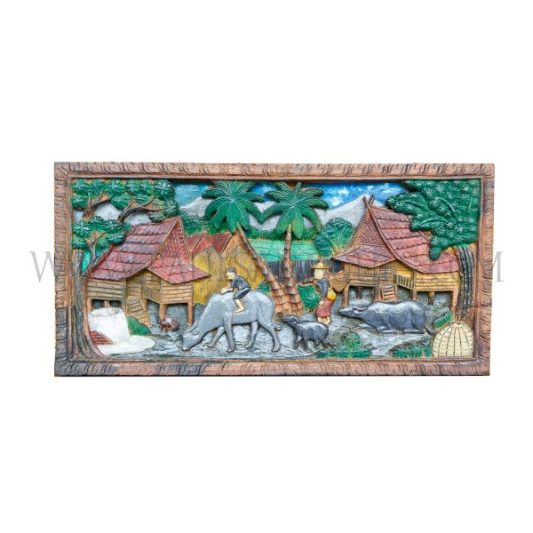 Balinese Indonesian Painted Woodcarving of Village Scene with Rice Fields, Buffalos, and Farmers, c. 2000