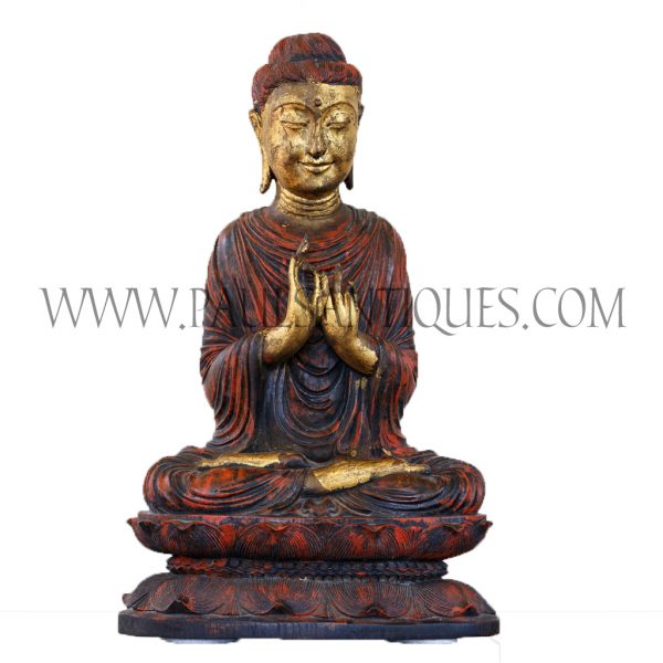 Burmese Teak Buddha Sitting on a Lotus Base with Hands in Teaching Mudra