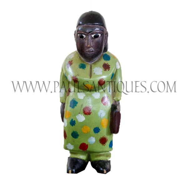 Côte d'Ivoire African Wooden Female Colon Statue in Green Polka Dot Dress Holding Satchel