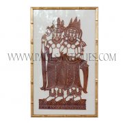 Cambodian Hand-Tooled Leather Shadow Puppet Carving of Dancing Twin Apsaras on Thai Silk in Bamboo Frame