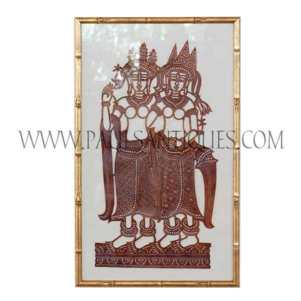 Cambodian Hand-Tooled Leather Shadow Puppet Carving of Dancing Twin Apsaras on Thai Silk in Bamboo Frame
