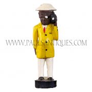 Côte d'Ivoire African Wooden Male Colon Statue in Yellow Suit and White Hat Holding Movie Camera