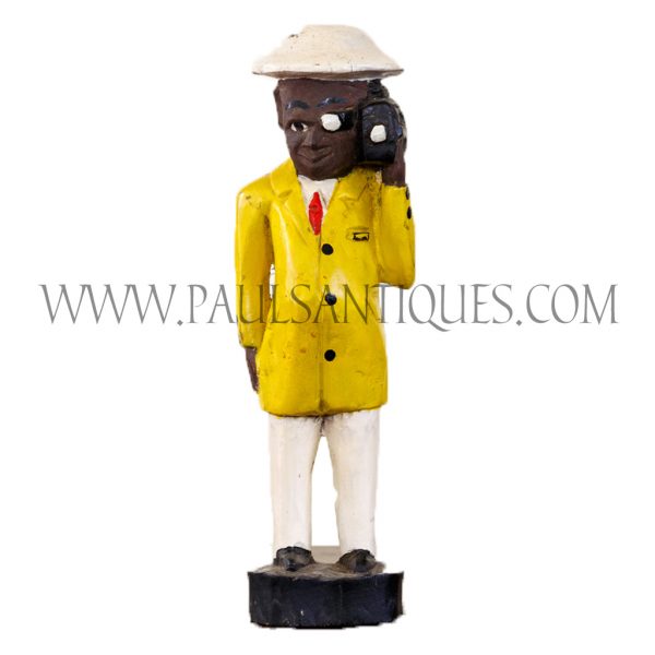 Côte d'Ivoire African Wooden Male Colon Statue in Yellow Suit and White Hat Holding Movie Camera