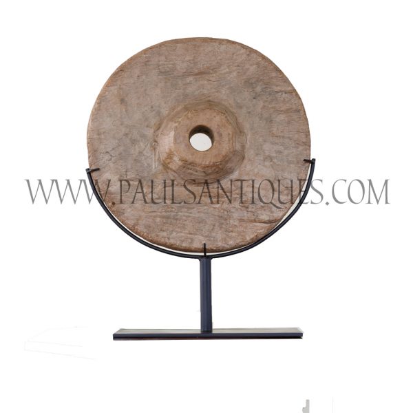 Old Thai Teak Ox Cart Wheel on Custom Metal Stand