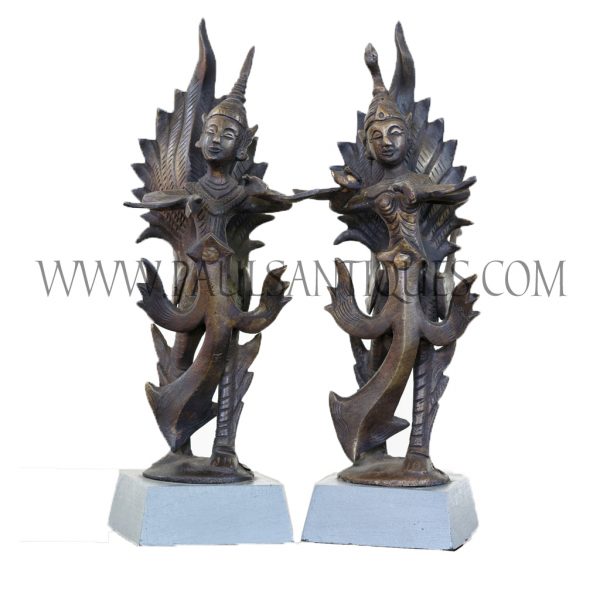 Pair of Thai Bronze Kinaree and Kinnon Statues on Wooden Bases