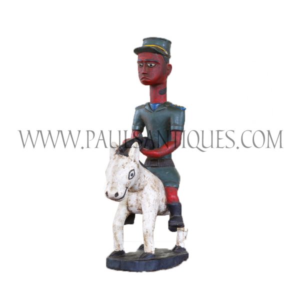 Côte d’Ivoire African Wooden Red Face Soldier Colon Statue on Horse Holding Gun