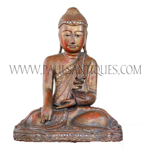 Shan Burmese Gilded Lacquered Teak Buddha Sitting in Bhumisparsha (Mother Earth as Witness) Pose