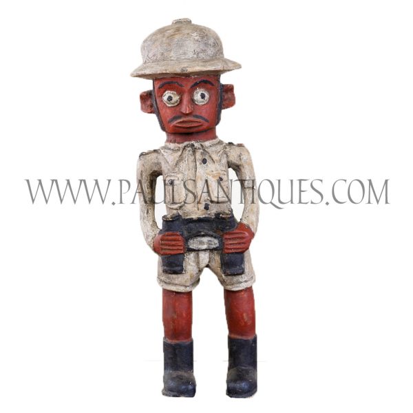 Côte d’Ivoire African Wooden Red Face Male Colon Statue in Safari Gear with Binoculars