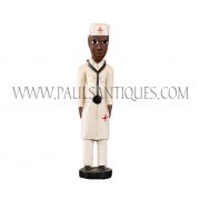 Côte d’Ivoire African Wooden Male Colon Statue in White Red Cross Doctor's Uniform with Stethoscope
