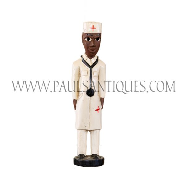 Côte d’Ivoire African Wooden Male Colon Statue in White Red Cross Doctor's Uniform with Stethoscope