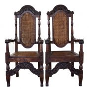 Pair of Indonesian Teak and Rattan Tall Back Armed Dining Chairs