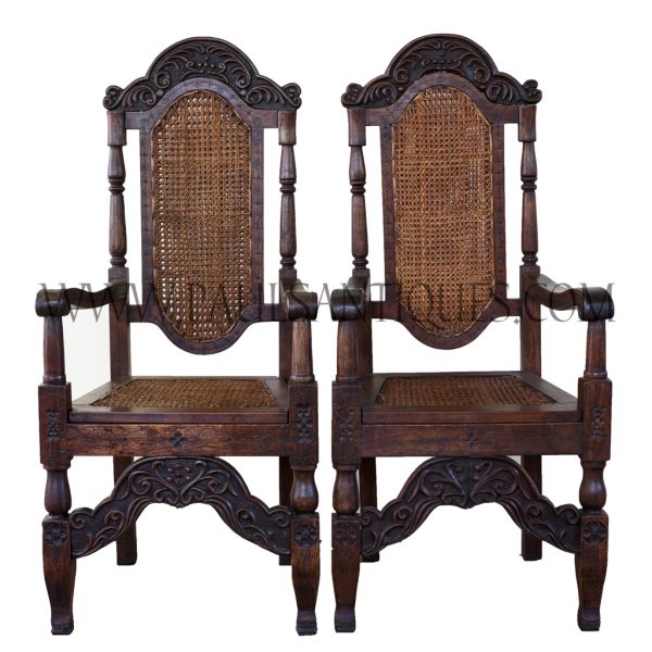 Pair of Indonesian Teak and Rattan Tall Back Armed Dining Chairs